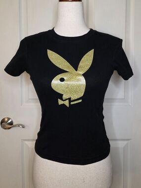 VTG Playboy Y2K Black & Glitter Gold Bunny Graphic Baby Tee